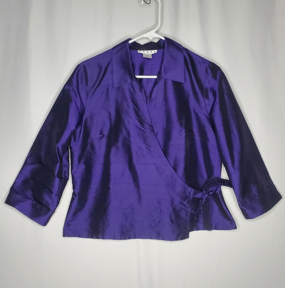 Erena Silk Wrap Top Womens Petite 8P Metallic Purple Tie 3/4 Whimsy Party Luxury